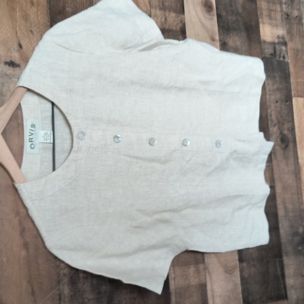 NWOT Orvis Oatmeal 100% Linen Button Up Short Sleeve Top Sz Small Women - Picture 9 of 17